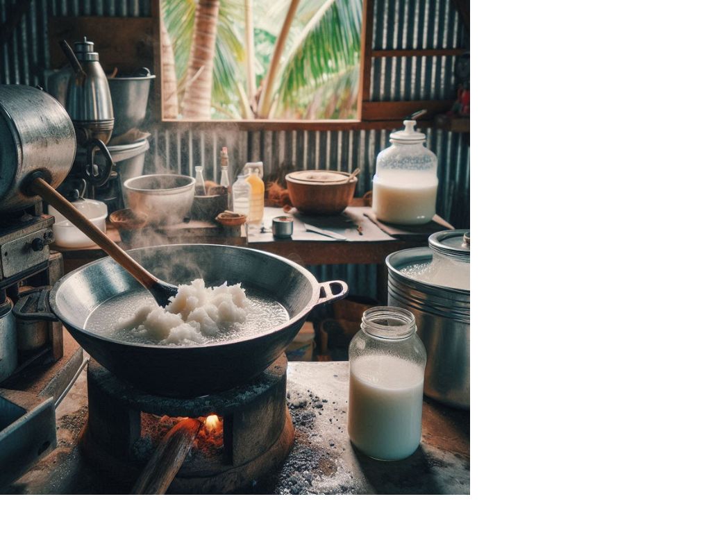 A close-up image of a traditional kitchen setup with a large steel pan boiling coconut sap over a stove. The sap is being stirred with a wooden ladle, and the surrounding area includes a grinder, plastic bottles, and tin containers. The background shows a simple, rural kitchen environment with coconut trees visible through a window.
